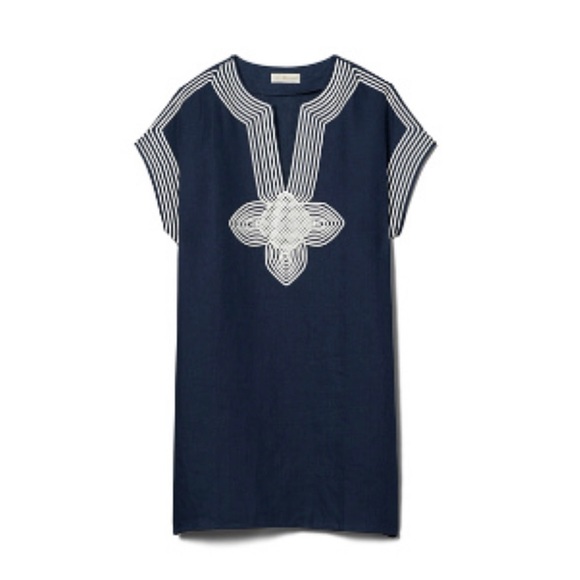 SOLD! Tory Burch Linen Embroidered Beach Tunic In Navy Blue - Picture 2 of 7